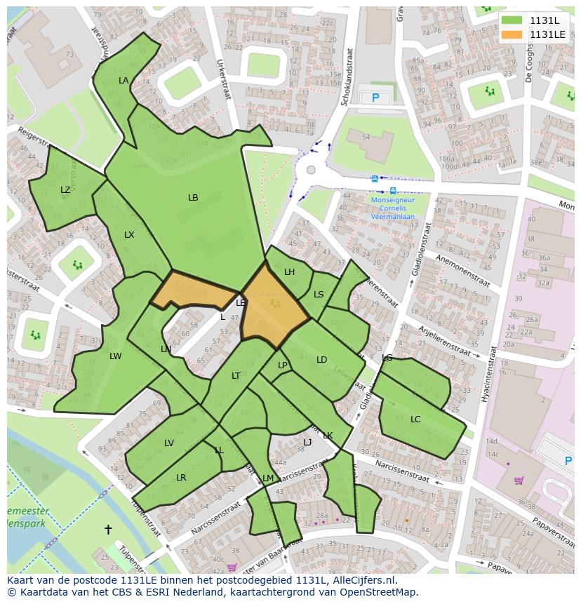 Afbeelding van het postcodegebied 1131 LE op de kaart.