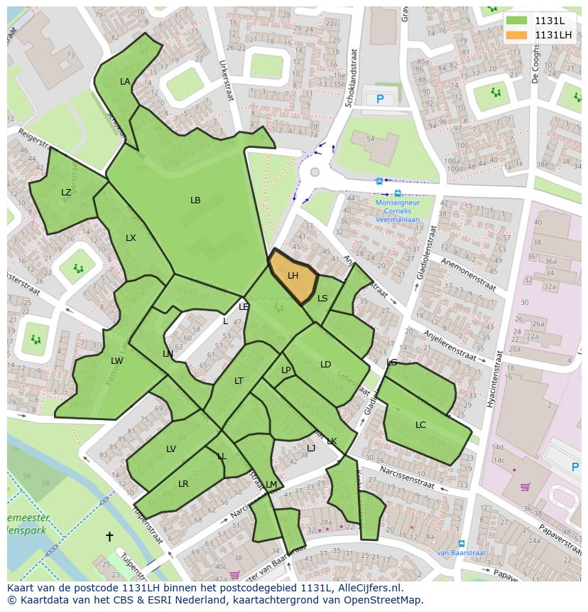 Afbeelding van het postcodegebied 1131 LH op de kaart.