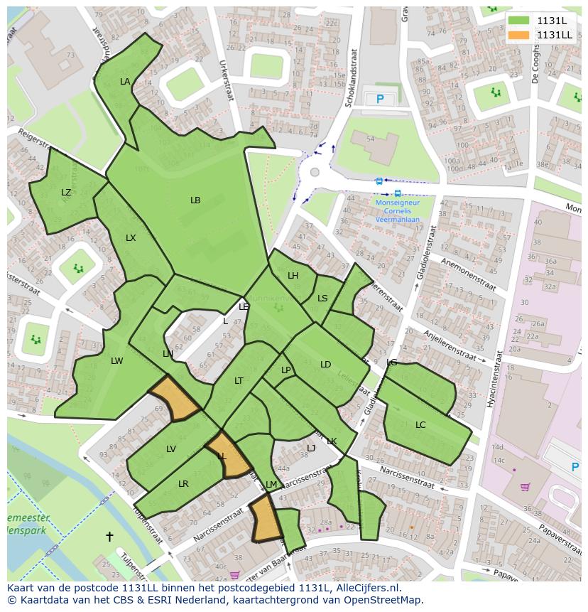Afbeelding van het postcodegebied 1131 LL op de kaart.