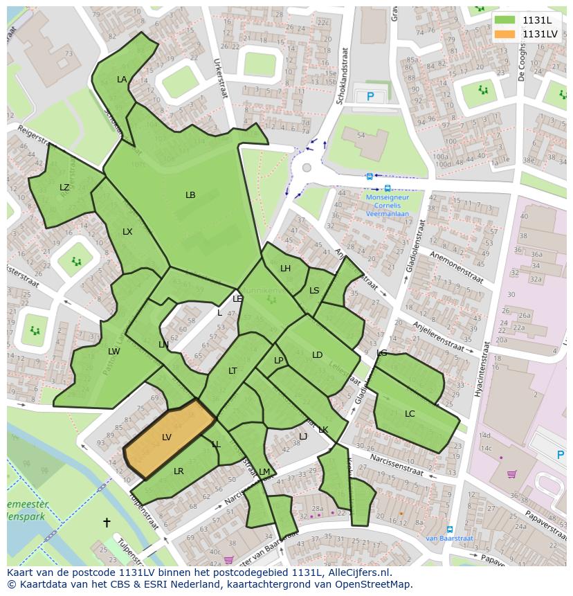 Afbeelding van het postcodegebied 1131 LV op de kaart.