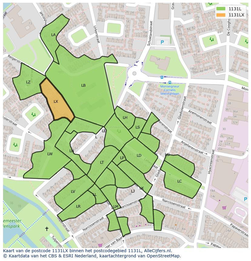 Afbeelding van het postcodegebied 1131 LX op de kaart.