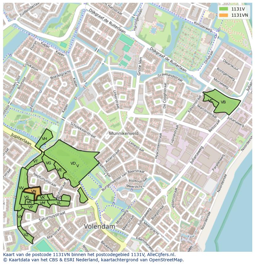 Afbeelding van het postcodegebied 1131 VN op de kaart.