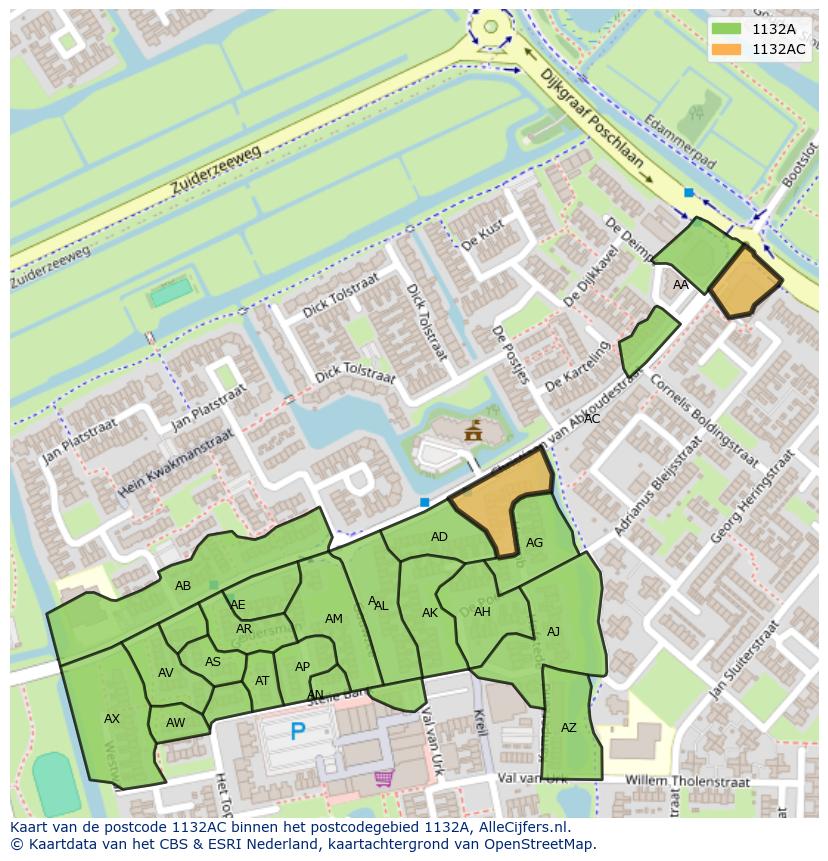 Afbeelding van het postcodegebied 1132 AC op de kaart.