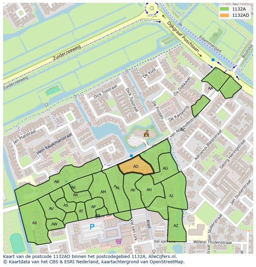 Afbeelding van het postcodegebied 1132 AD op de kaart.