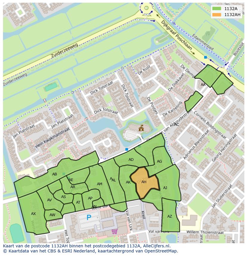 Afbeelding van het postcodegebied 1132 AH op de kaart.