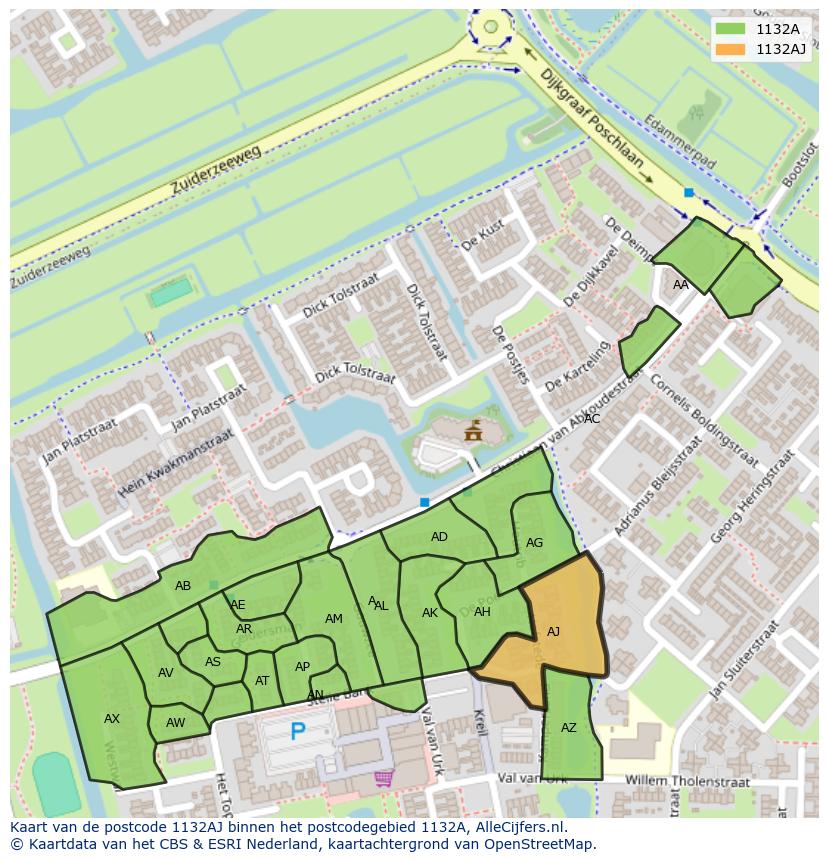 Afbeelding van het postcodegebied 1132 AJ op de kaart.