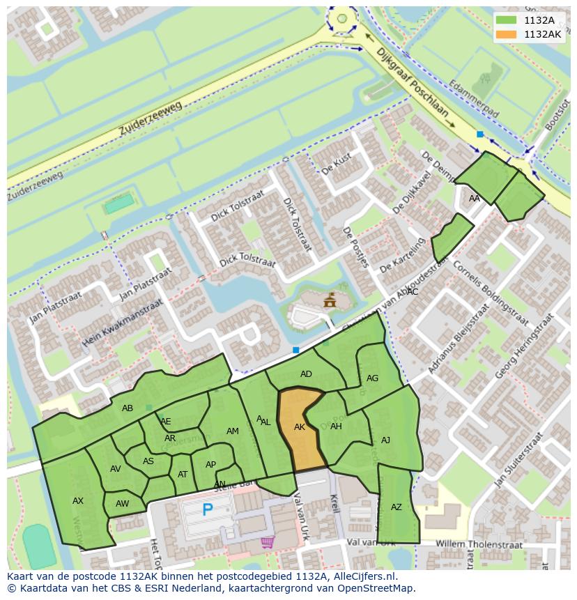 Afbeelding van het postcodegebied 1132 AK op de kaart.