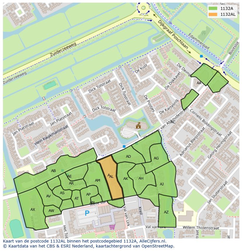 Afbeelding van het postcodegebied 1132 AL op de kaart.