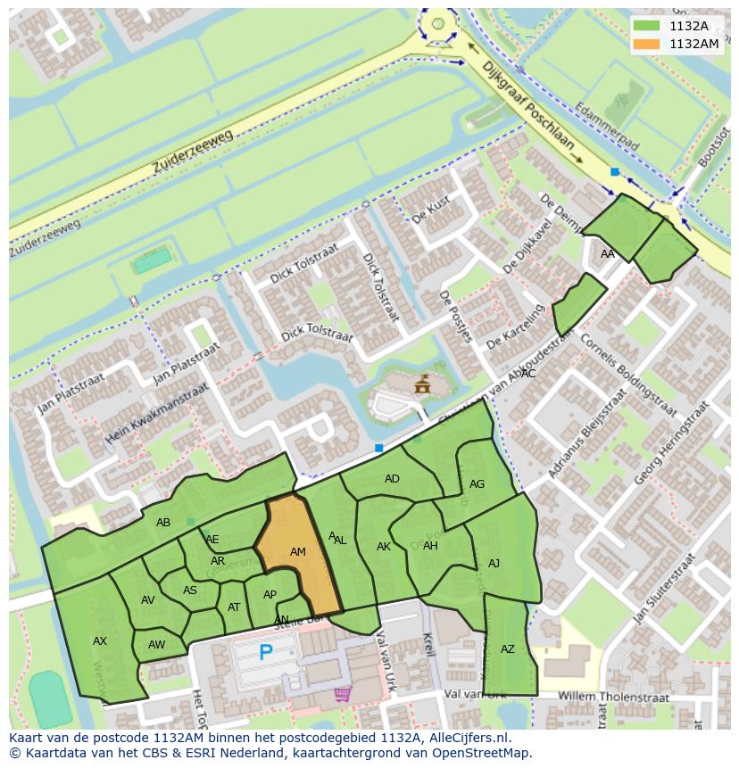 Afbeelding van het postcodegebied 1132 AM op de kaart.