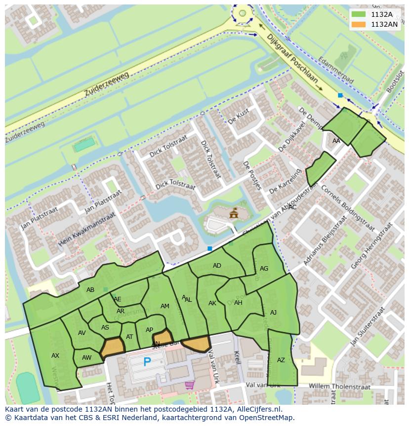 Afbeelding van het postcodegebied 1132 AN op de kaart.