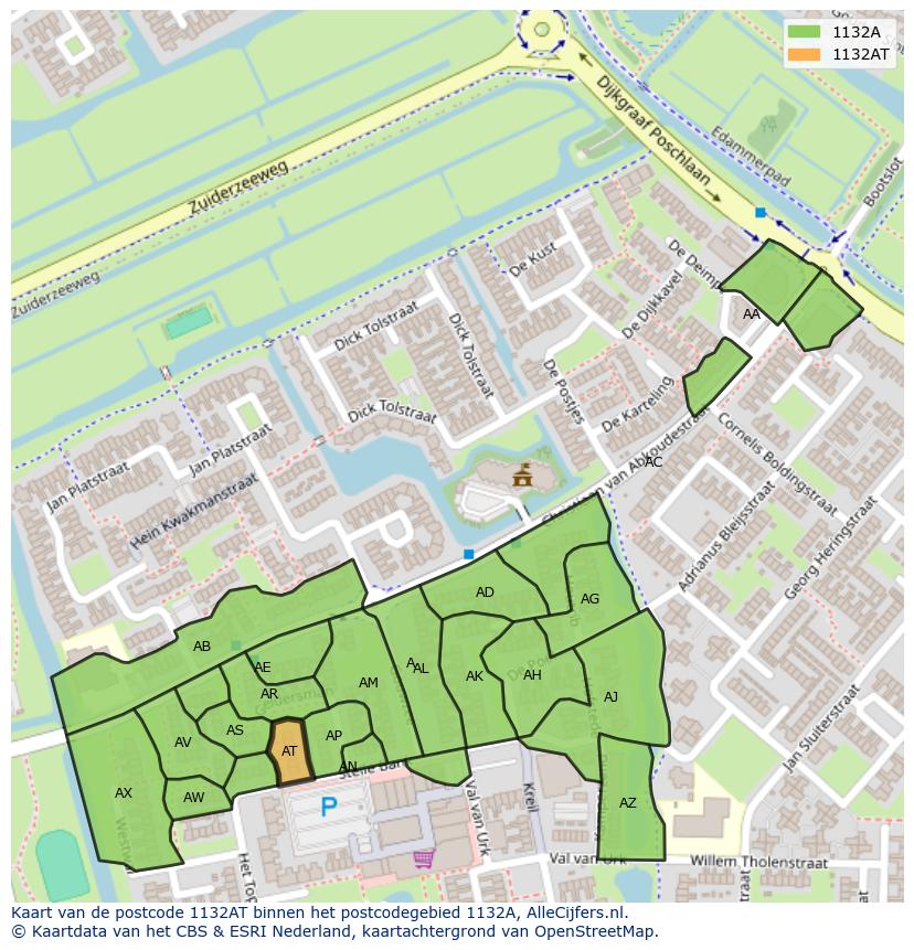 Afbeelding van het postcodegebied 1132 AT op de kaart.