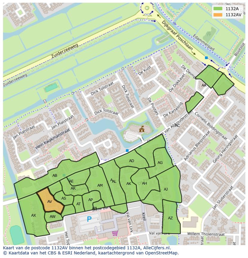 Afbeelding van het postcodegebied 1132 AV op de kaart.