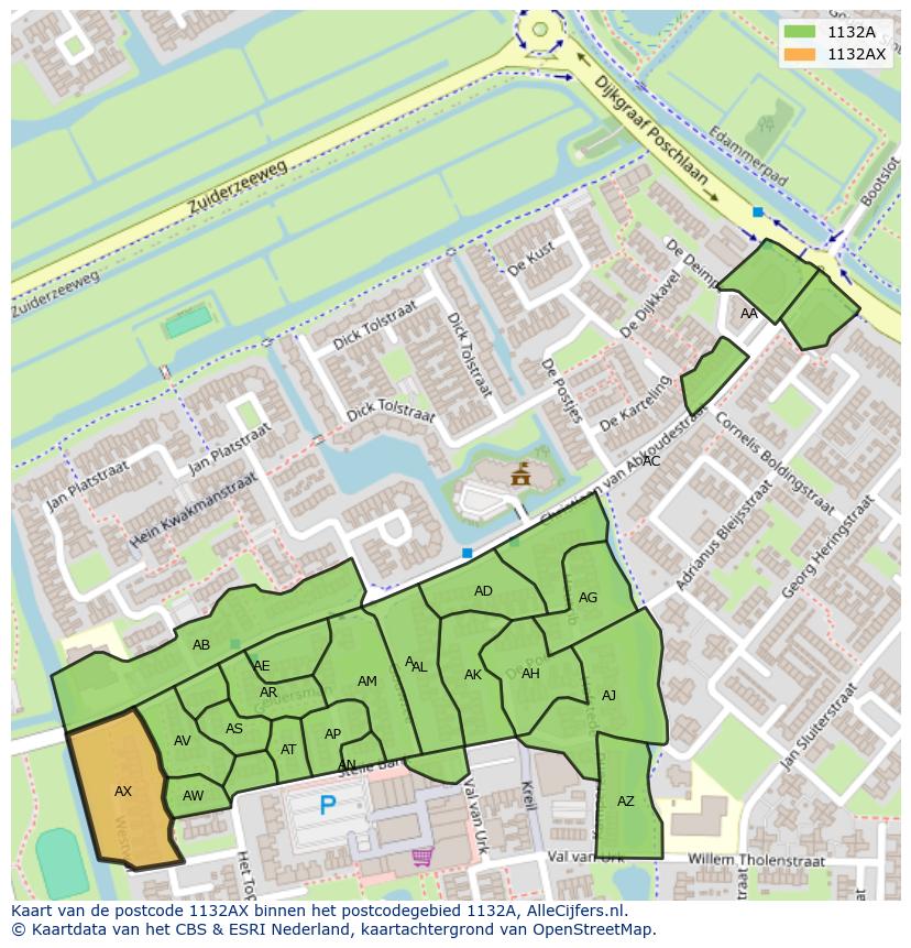 Afbeelding van het postcodegebied 1132 AX op de kaart.