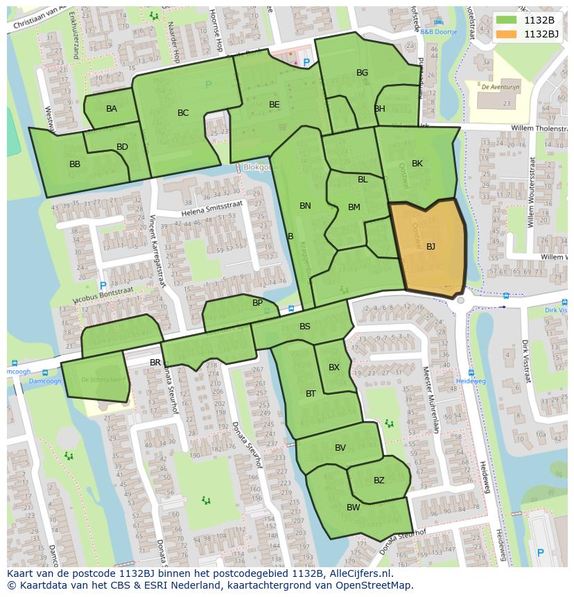 Afbeelding van het postcodegebied 1132 BJ op de kaart.