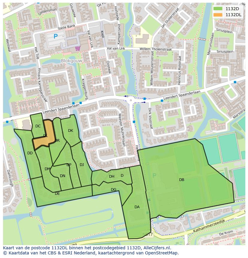 Afbeelding van het postcodegebied 1132 DL op de kaart.