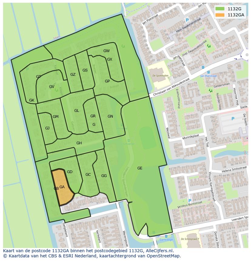 Afbeelding van het postcodegebied 1132 GA op de kaart.