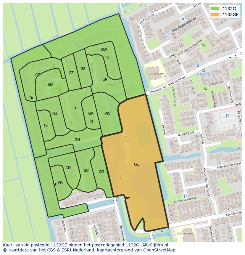 Afbeelding van het postcodegebied 1132 GE op de kaart.