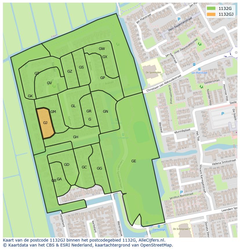 Afbeelding van het postcodegebied 1132 GJ op de kaart.