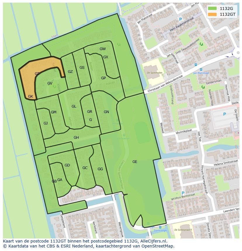 Afbeelding van het postcodegebied 1132 GT op de kaart.