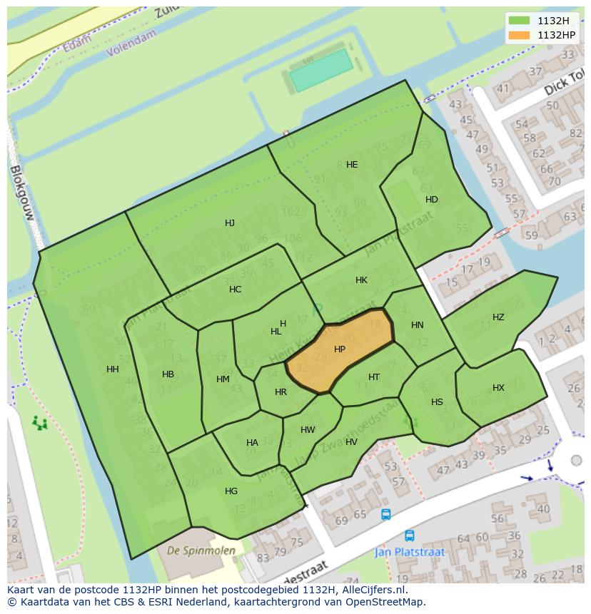 Afbeelding van het postcodegebied 1132 HP op de kaart.