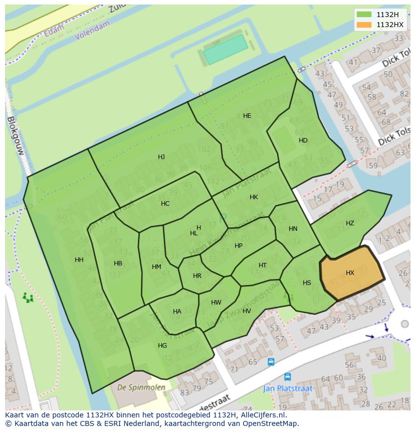 Afbeelding van het postcodegebied 1132 HX op de kaart.