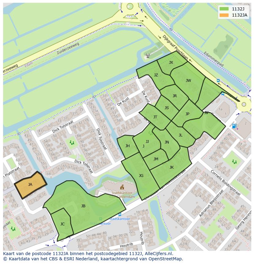 Afbeelding van het postcodegebied 1132 JA op de kaart.