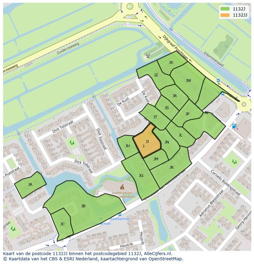 Afbeelding van het postcodegebied 1132 JJ op de kaart.