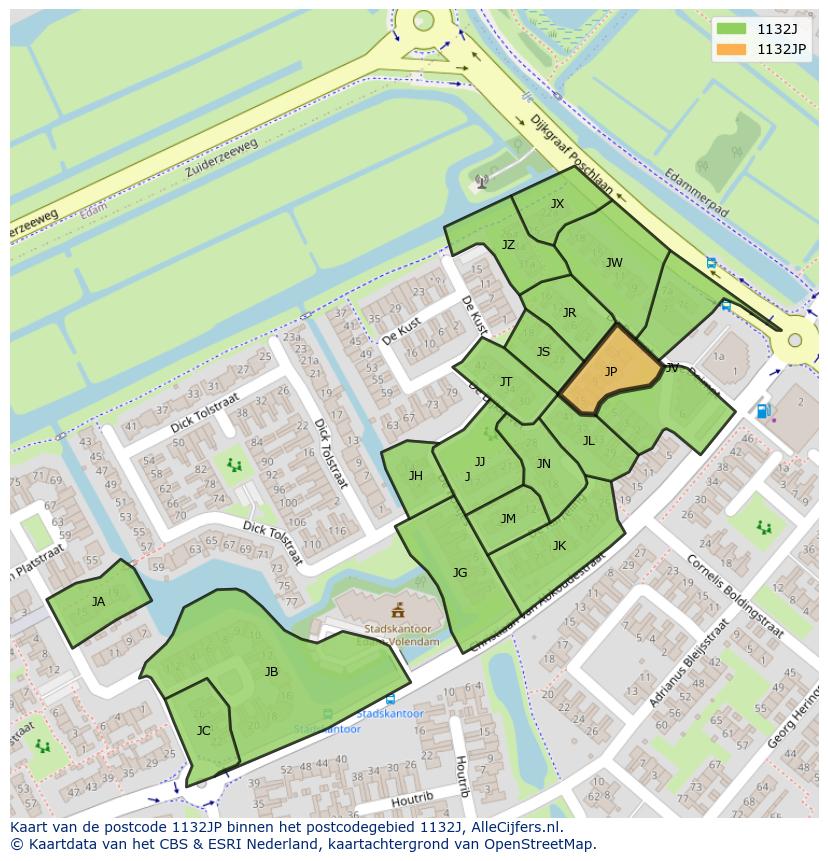 Afbeelding van het postcodegebied 1132 JP op de kaart.