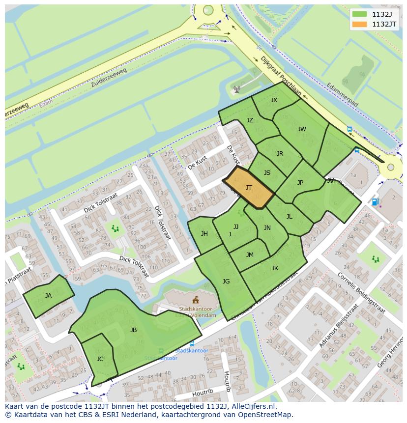 Afbeelding van het postcodegebied 1132 JT op de kaart.