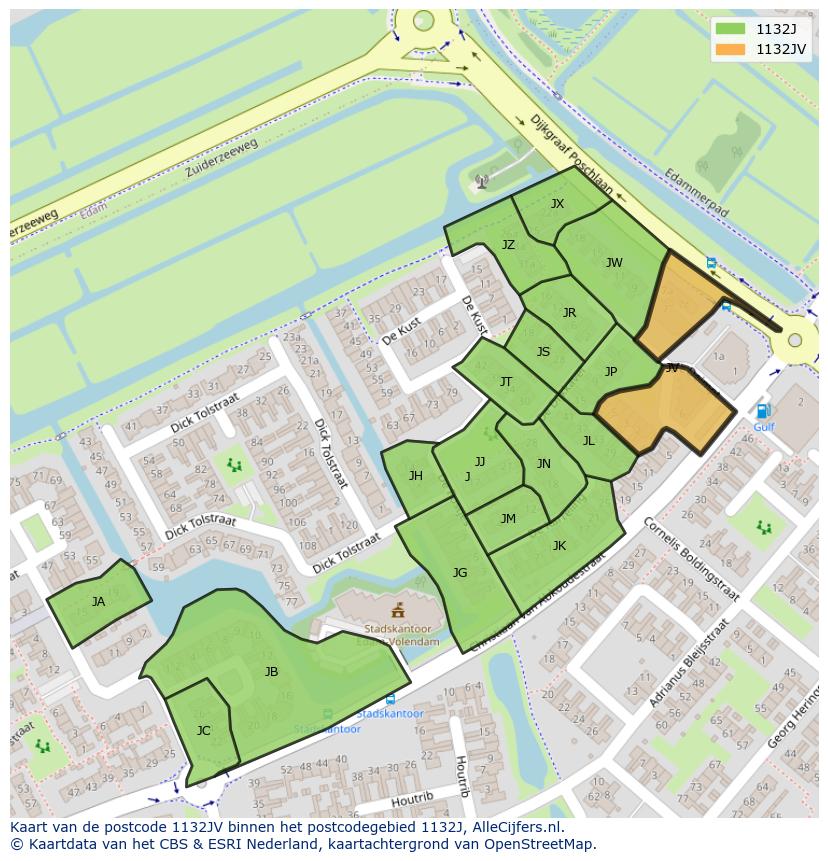 Afbeelding van het postcodegebied 1132 JV op de kaart.