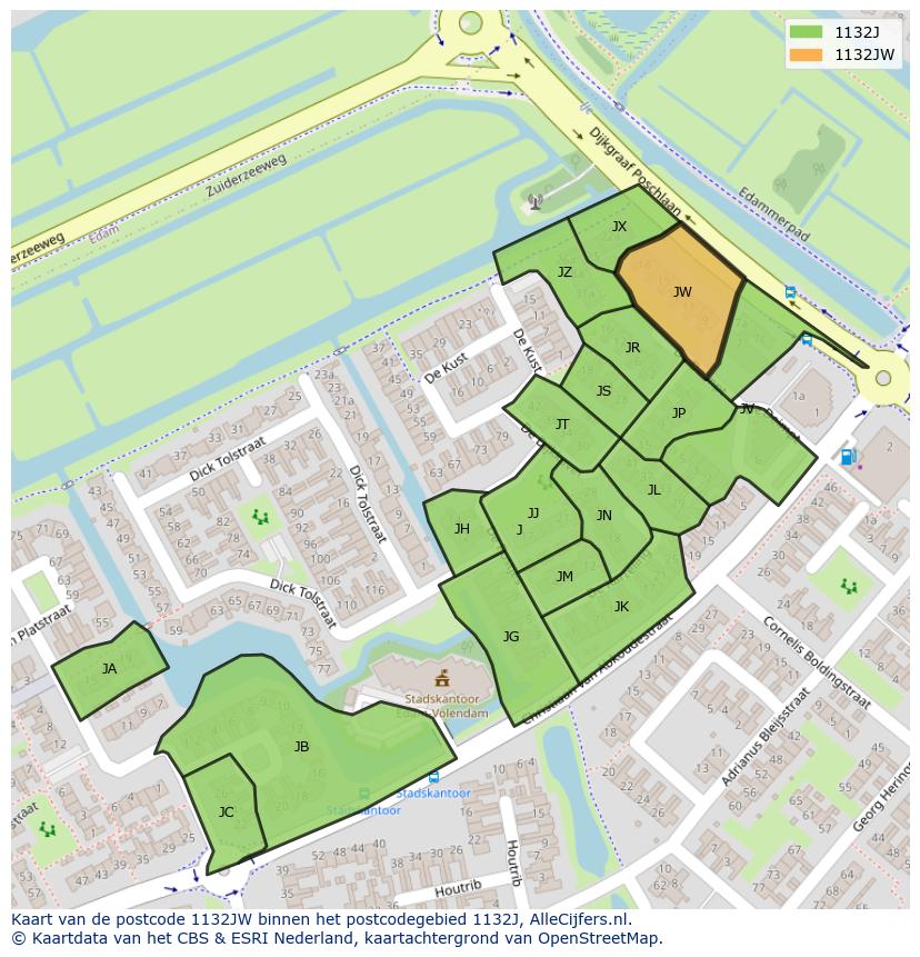 Afbeelding van het postcodegebied 1132 JW op de kaart.