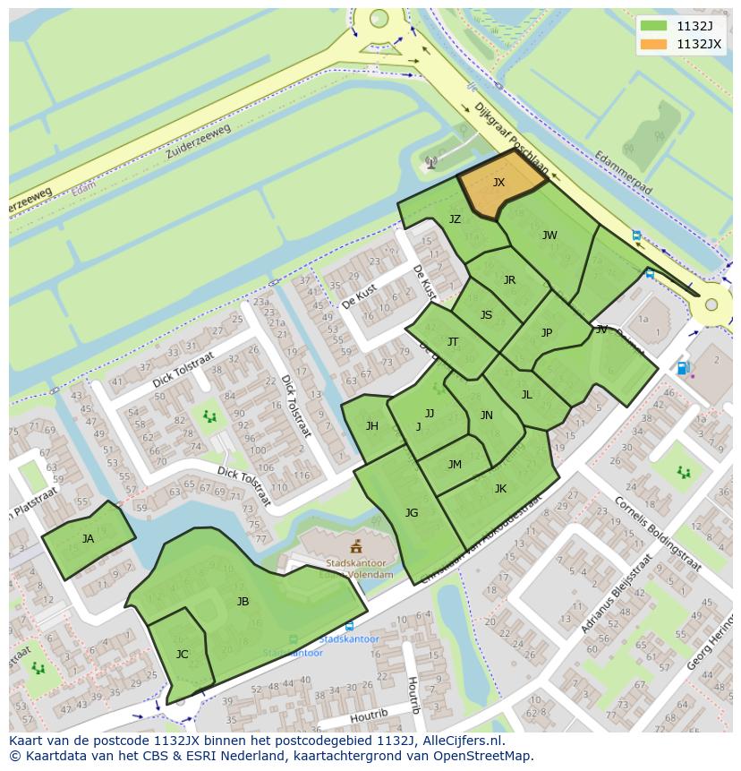 Afbeelding van het postcodegebied 1132 JX op de kaart.