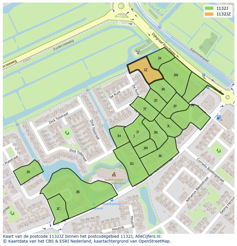 Afbeelding van het postcodegebied 1132 JZ op de kaart.