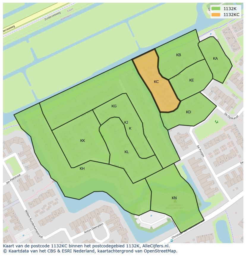 Afbeelding van het postcodegebied 1132 KC op de kaart.