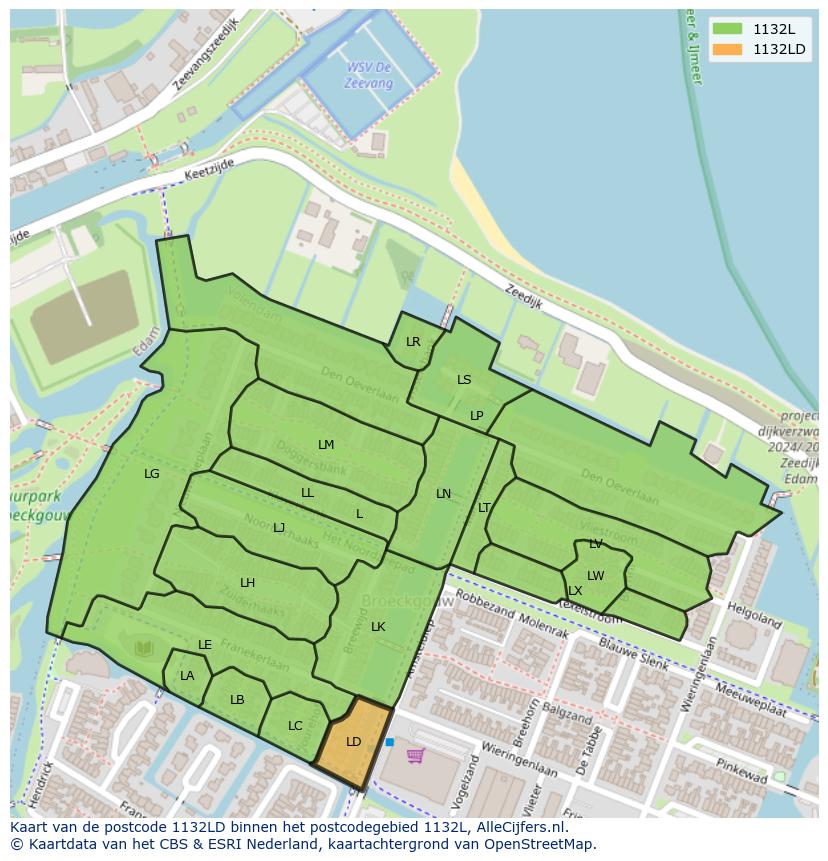 Afbeelding van het postcodegebied 1132 LD op de kaart.