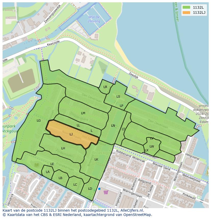 Afbeelding van het postcodegebied 1132 LJ op de kaart.