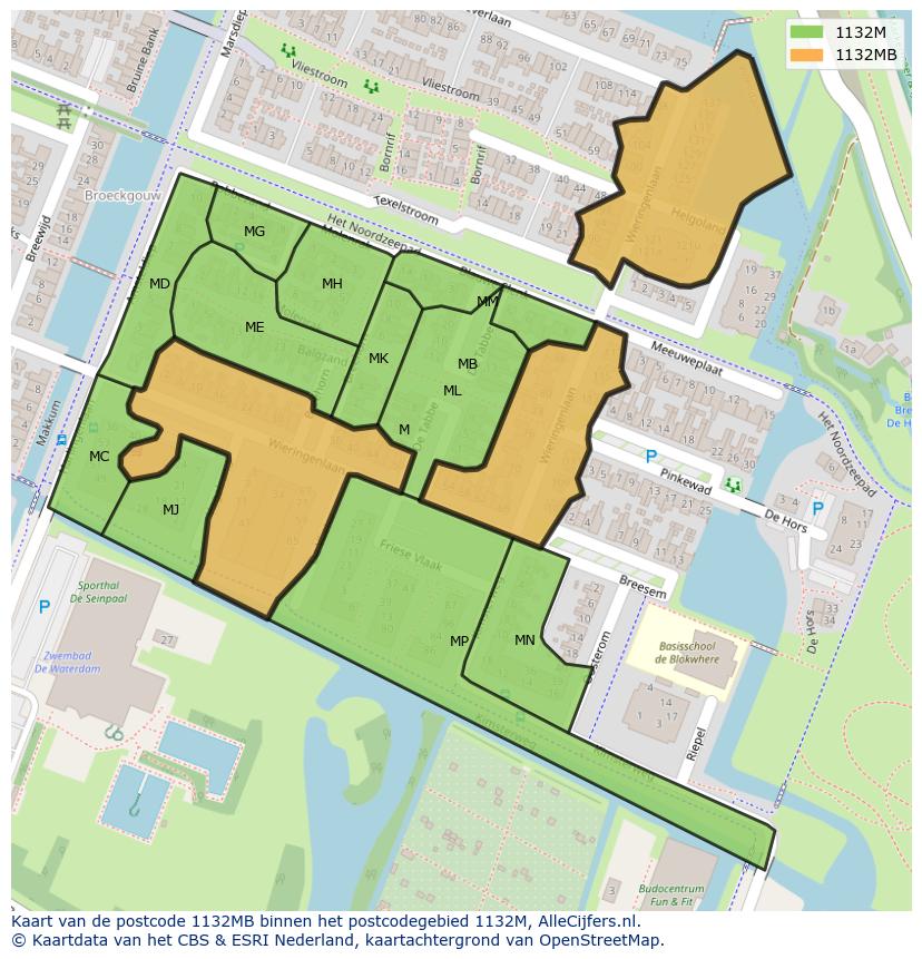 Afbeelding van het postcodegebied 1132 MB op de kaart.