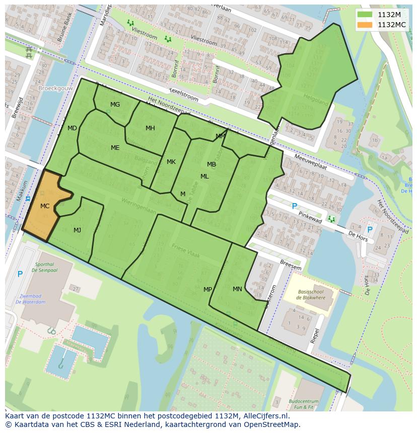 Afbeelding van het postcodegebied 1132 MC op de kaart.
