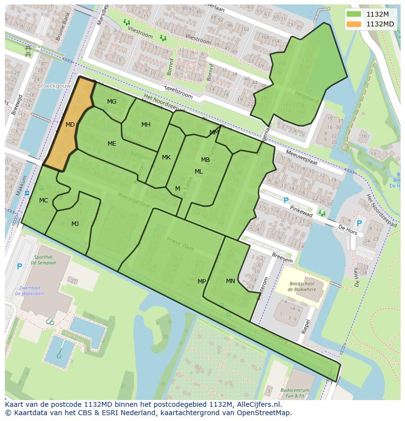 Afbeelding van het postcodegebied 1132 MD op de kaart.