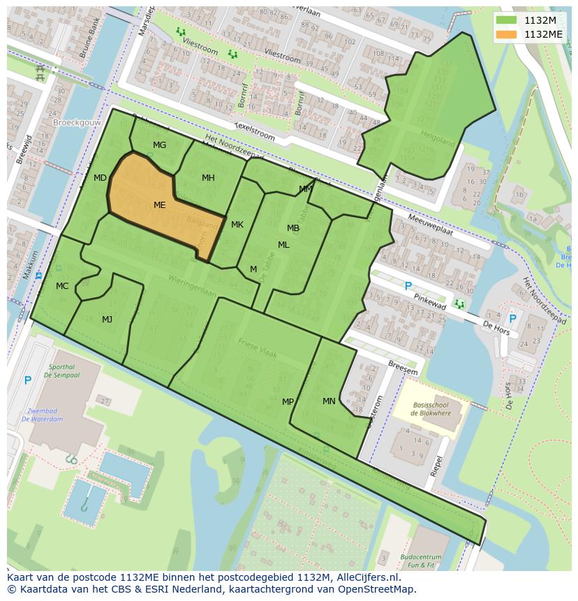 Afbeelding van het postcodegebied 1132 ME op de kaart.