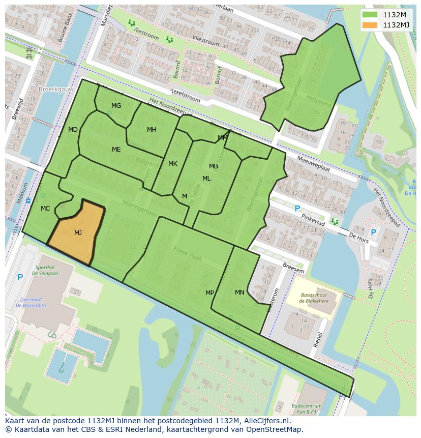 Afbeelding van het postcodegebied 1132 MJ op de kaart.