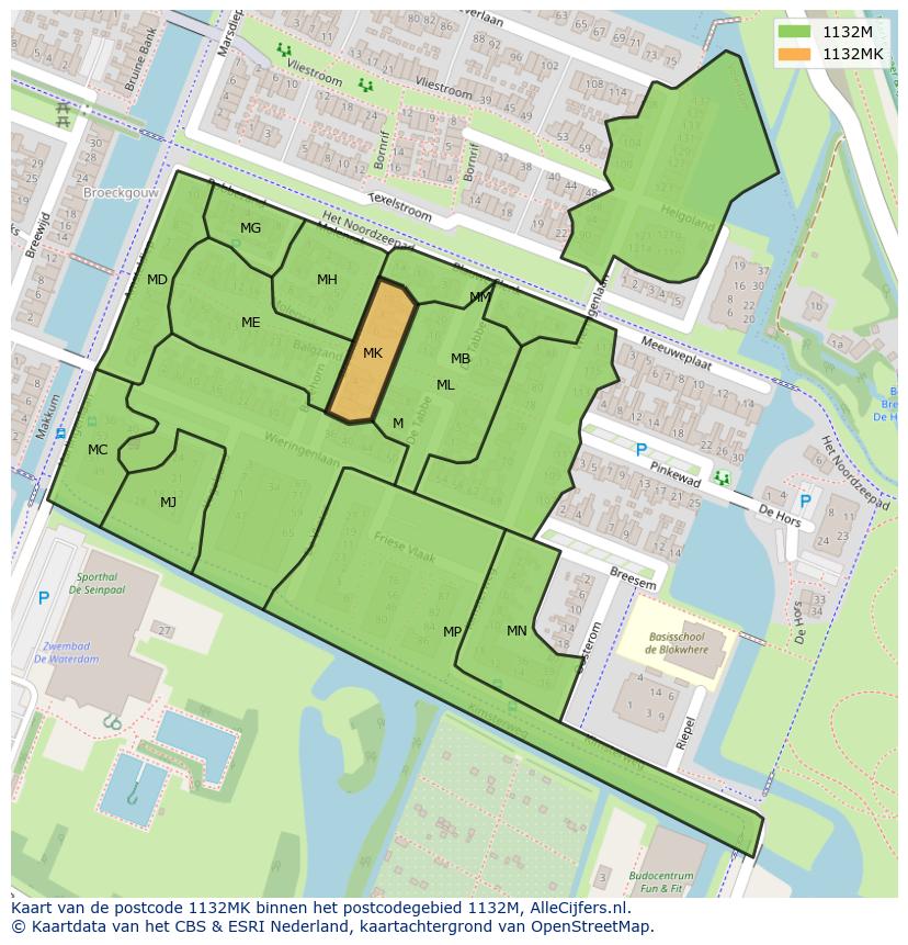 Afbeelding van het postcodegebied 1132 MK op de kaart.