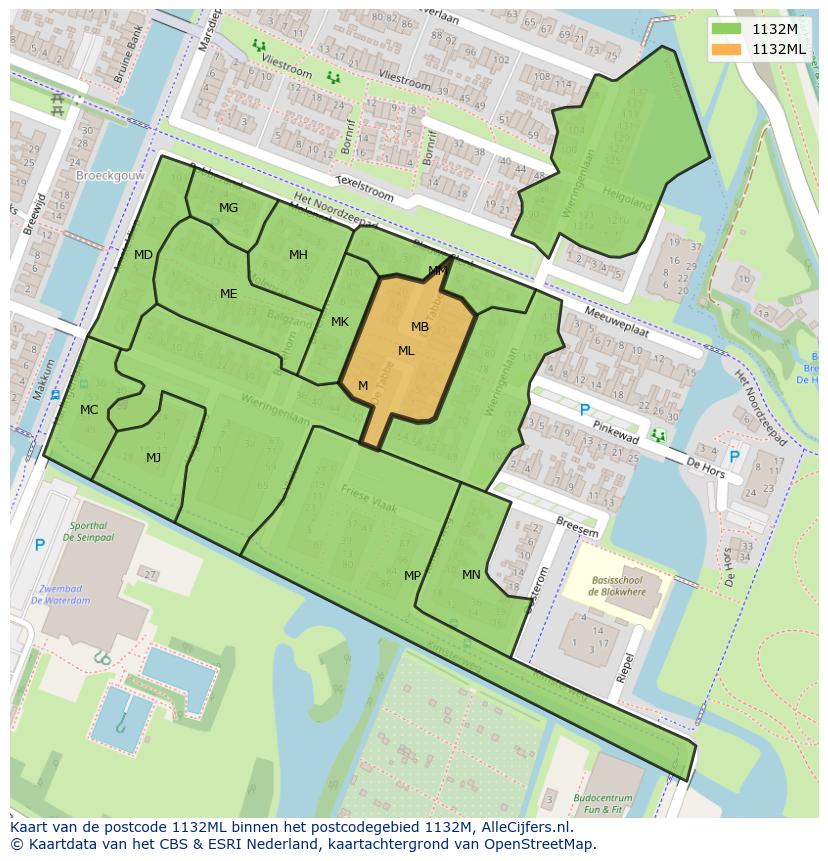Afbeelding van het postcodegebied 1132 ML op de kaart.