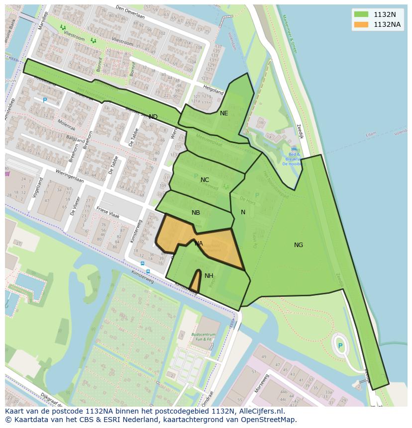 Afbeelding van het postcodegebied 1132 NA op de kaart.
