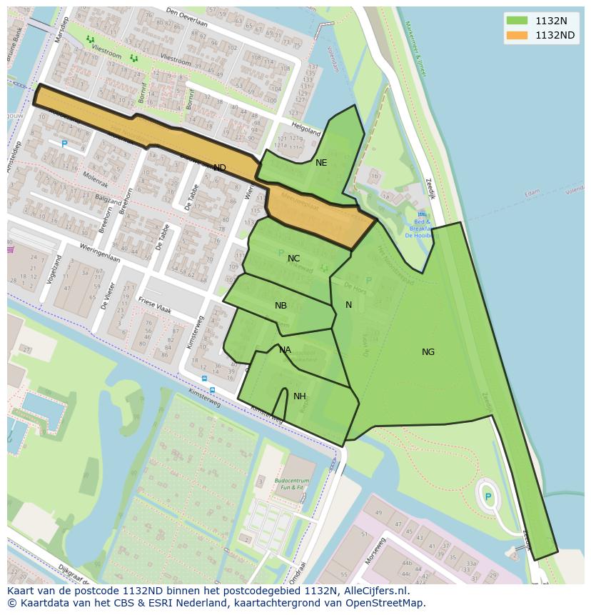 Afbeelding van het postcodegebied 1132 ND op de kaart.