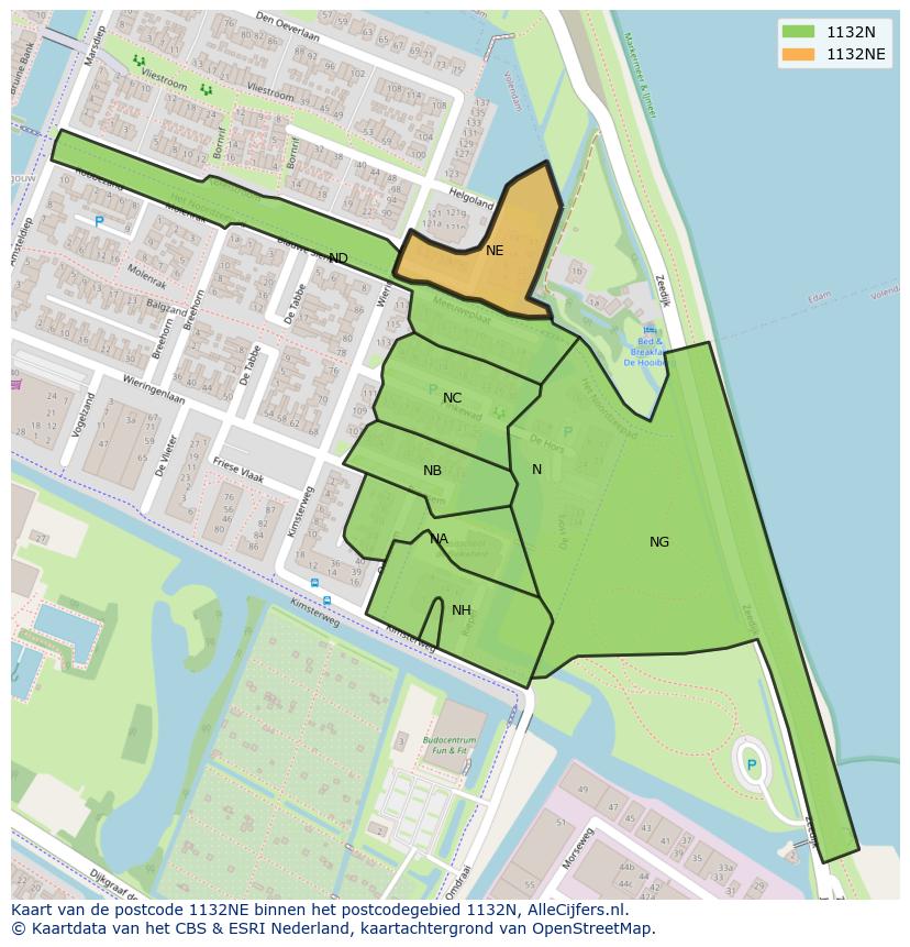 Afbeelding van het postcodegebied 1132 NE op de kaart.