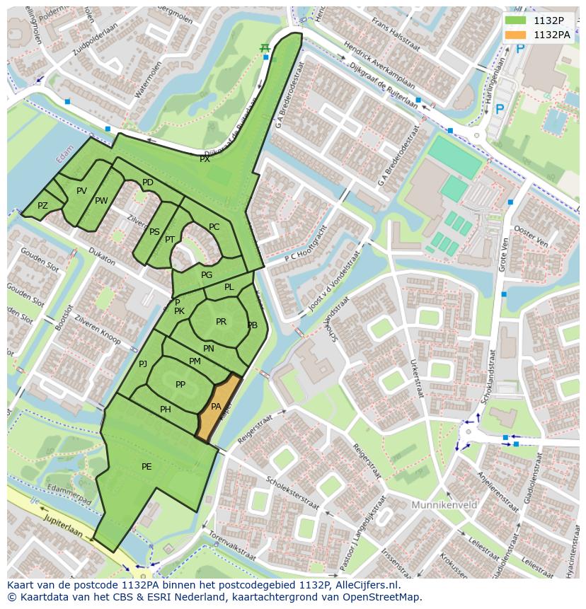 Afbeelding van het postcodegebied 1132 PA op de kaart.