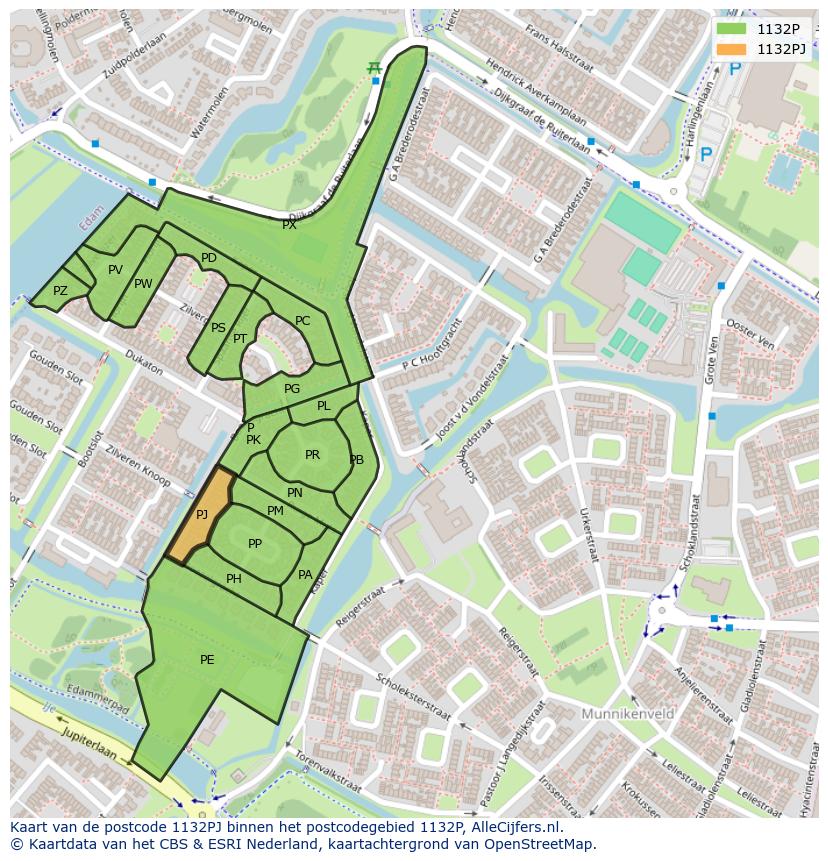 Afbeelding van het postcodegebied 1132 PJ op de kaart.