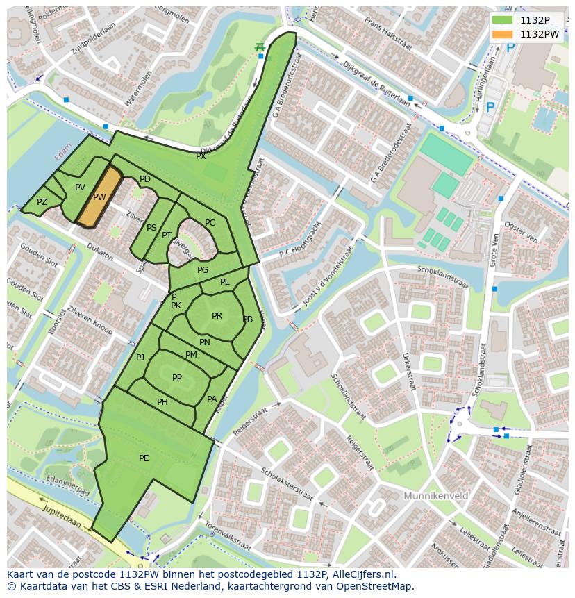 Afbeelding van het postcodegebied 1132 PW op de kaart.