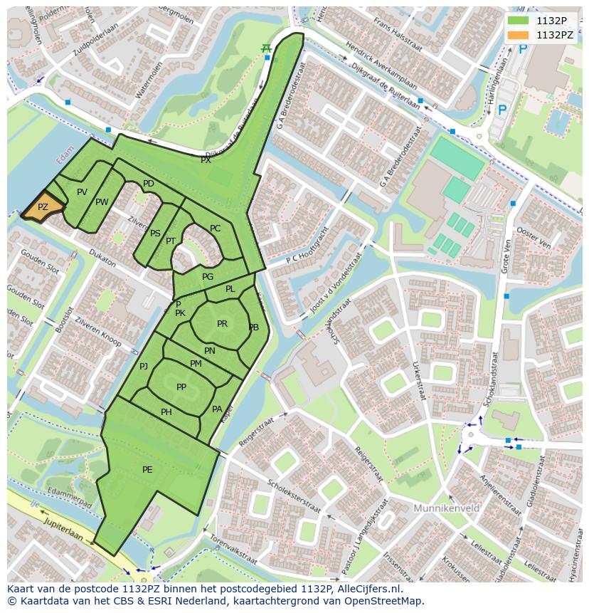 Afbeelding van het postcodegebied 1132 PZ op de kaart.